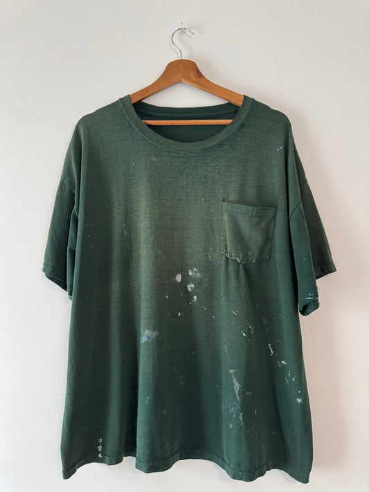90s Forest Green Paint Splatter Blank Pocket Tee (XL)