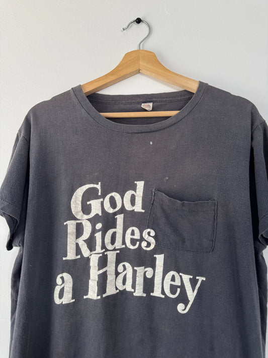 1970s "God Rides A Harley" Black Pocket Tee (XL)