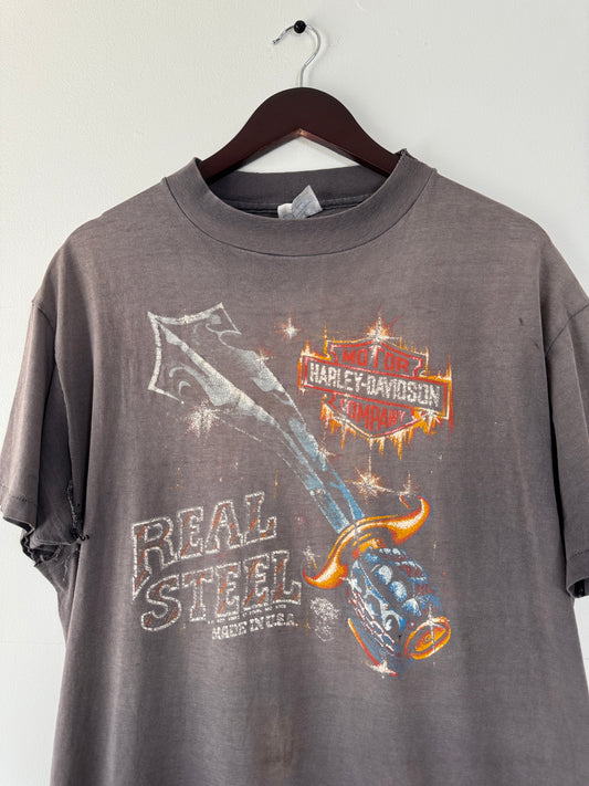 80s Harley Davidson Real Steel Thrashed + Faded Black Tee (XL)