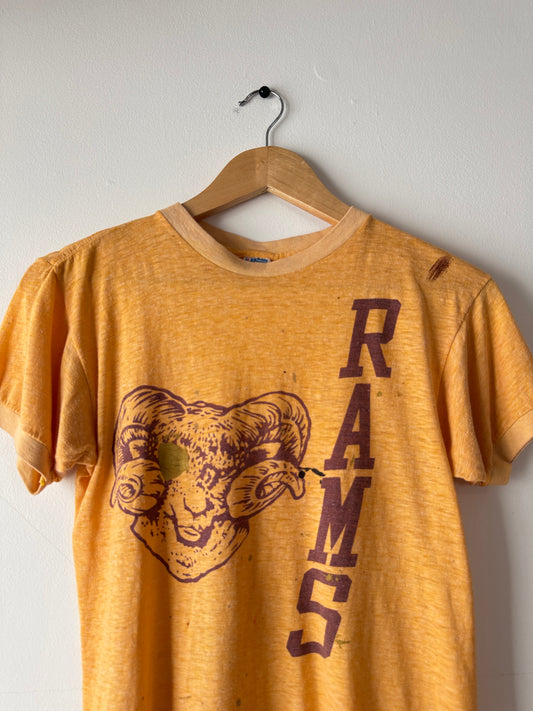 70s Champion Blue Bar "RAMS" Paint Splatter Yellow Ringer Tee (M)