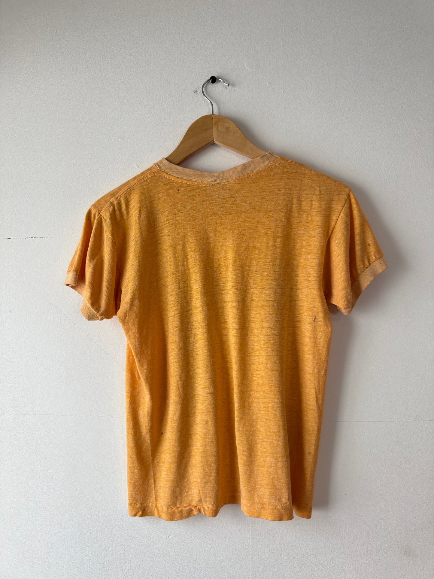 70s Champion Blue Bar "RAMS" Paint Splatter Yellow Ringer Tee (M)