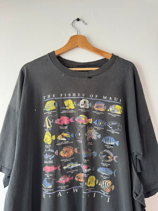 Y2K Thrashed + Faded Black Hawaii Fish Tee (XXL)