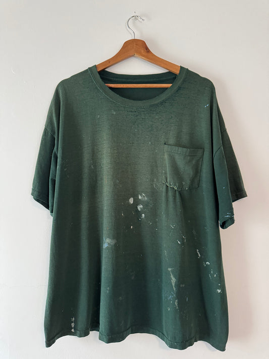 90s Forest Green Paint Splatter Blank Pocket Tee (XL)
