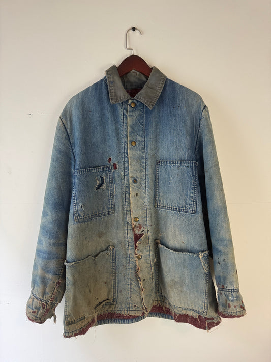 1970s Thrashed Carters Blanket Lined Denim Chore Coat (L/XL)