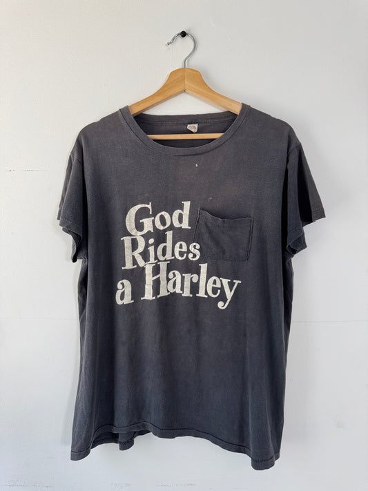 1970s "God Rides A Harley" Black Pocket Tee (XL)