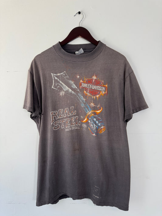 80s Harley Davidson Real Steel Thrashed + Faded Black Tee (XL)