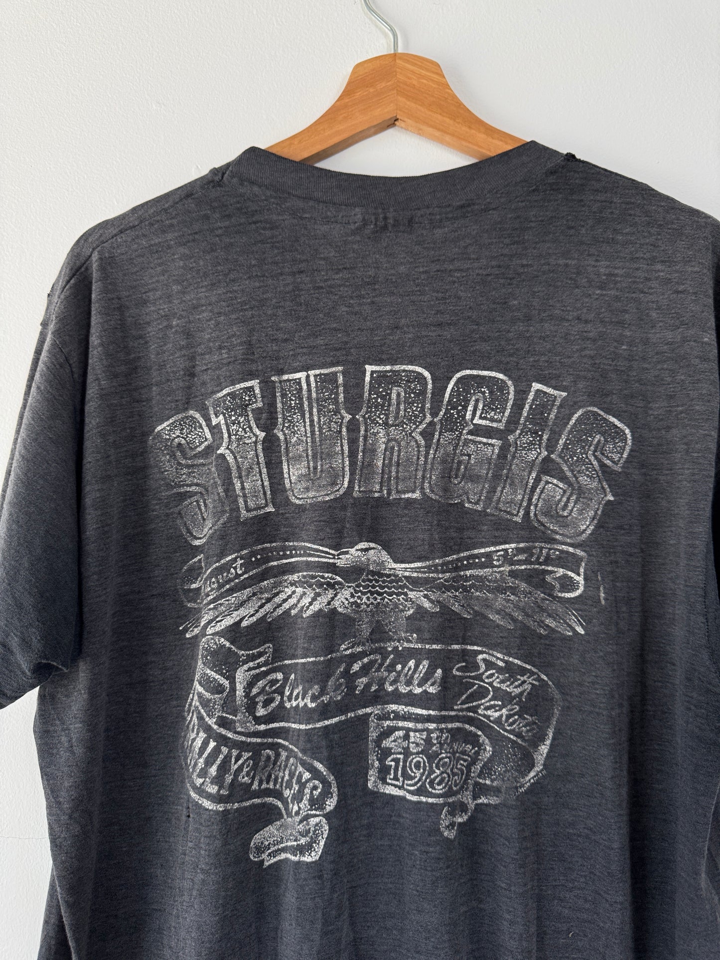 1985 Sturgis Motorcycle Rally Faded Black Tee (XL)