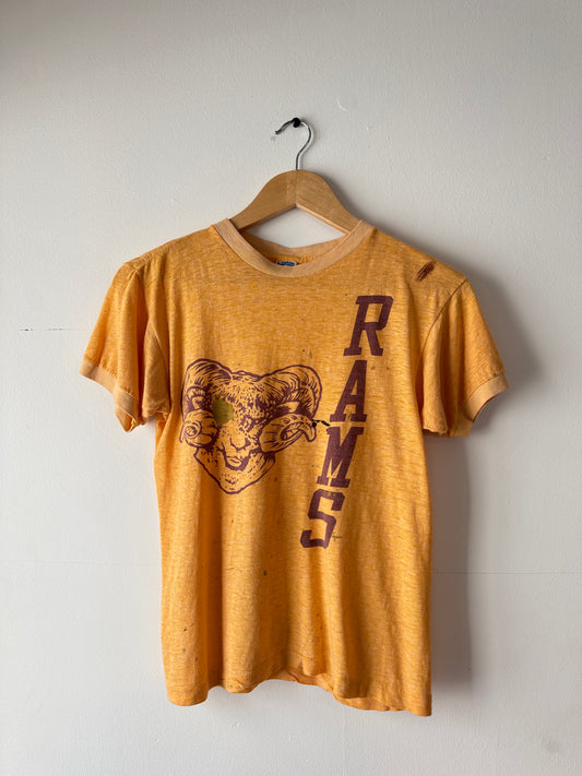 70s Champion Blue Bar "RAMS" Paint Splatter Yellow Ringer Tee (M)