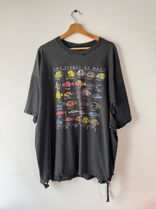 Y2K Thrashed + Faded Black Hawaii Fish Tee (XXL)