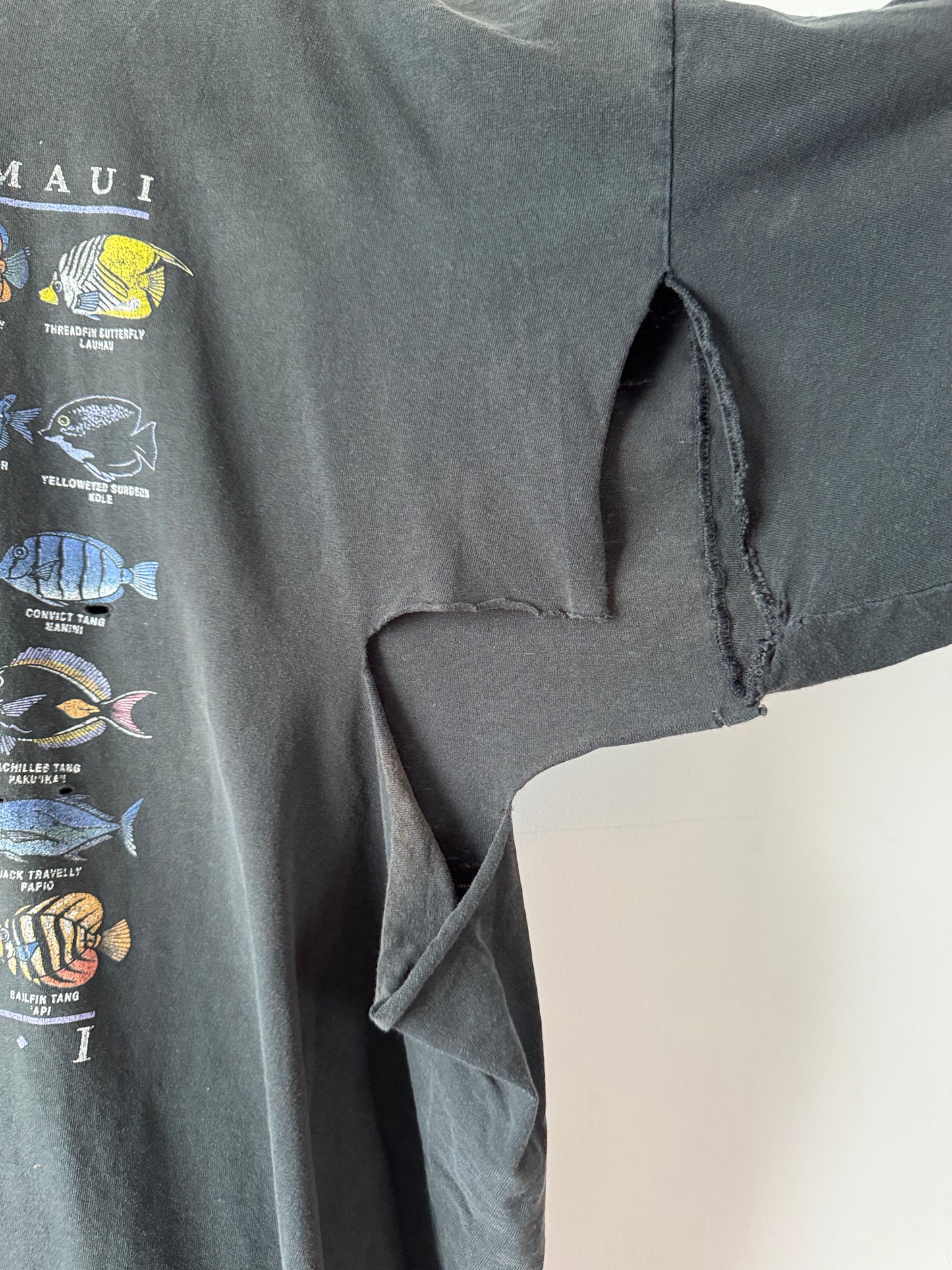Y2K Thrashed + Faded Black Hawaii Fish Tee (XXL)